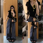 宅宅Athome 藏青色格子条纹阔腿裤 夏薄款 抽绳休闲系带长裤 子