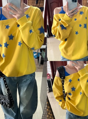 【MTTEAT~】美式星星印花假两件撞色斜肩卫衣女慵懒秋季露肩上衣
