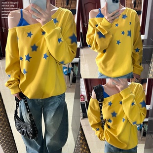 【MTTEAT~】美式星星印花假两件撞色斜肩卫衣女慵懒秋季露肩上衣