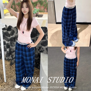 女2026显瘦宽松垂感阔腿裤 复古格纹拼接休闲裤 sweetheart221