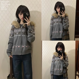 复古秋冬大毛领撞色针织衫 2025费尔岛毛衣外套美式 iSaluteU