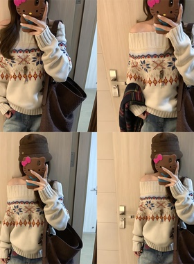 【MAXMENT~】费尔岛一字肩宽松厚实秋冬毛衣针织露肩设计感上衣女