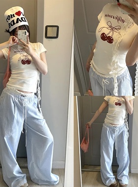 【FORSCHE】蕾丝拼接假两件高腰休闲裤夏季欧若风蓝色条纹长裤女