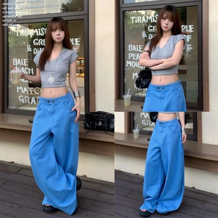 女秋季 方腰褶裥休闲裤 蓝色松弛感阔腿裤 简约长裤 theissn宁司