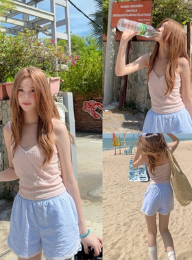 【BM同款】蓝色条纹蕾丝休闲短裤夏季宽松显瘦辣妹高腰遛弯阔腿裤