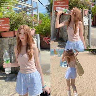 夏季 蓝色条纹蕾丝休闲短裤 宽松显瘦辣妹高腰遛弯阔腿裤 BM同款