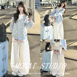 【ich mode～】美式波点星星刺绣字母宽松阔腿女hiphop休闲裤卫裤