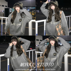 【PCLP~】美式复古竖条纹毛衣外套女冬季宽松显瘦气质灰色上衣