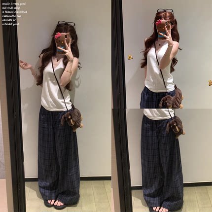 【cookadaily 人鱼家~】格子宽松休闲裤女秋显瘦百搭百搭阔腿长裤