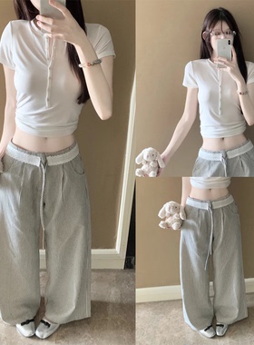 【opening自制~】蕾丝拼接条纹裤直筒休闲裤女夏薄款阔腿宽松长裤