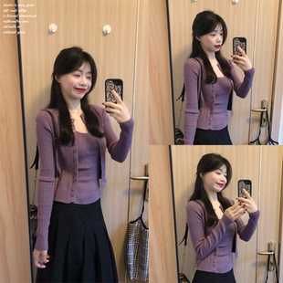 【Awmumu~】紫色针织开衫女秋冬季两件套修身巨好看短款外套上衣