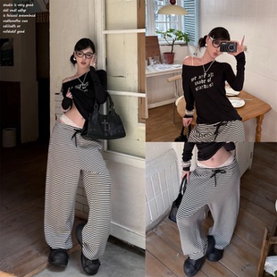 【CLIMAXVISION~】黑白条纹宽松休闲长裤女夏秋季宽松百搭阔腿裤