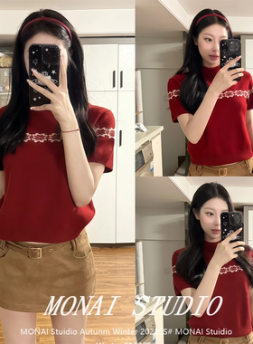 【LaluneDuCiel ~】lldc短袖针织衫红色毛衣女秋冬圣诞氛围感上衣