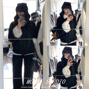 黑色毛领拼接修身 fairy 短外套设计感加厚百搭夹克上衣 july