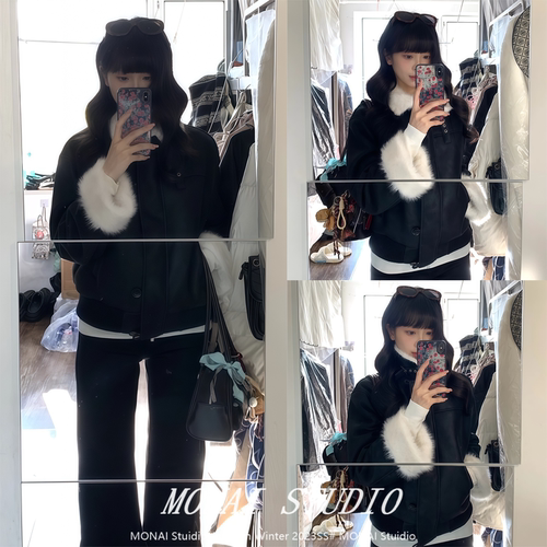 【julyfairy】黑色毛领拼接外套