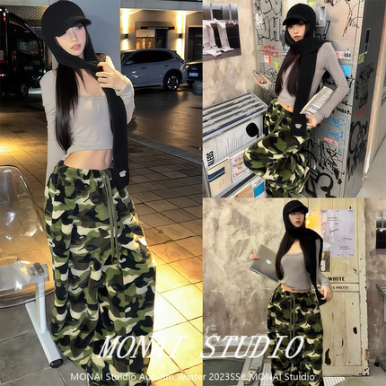【0122stepll~】美式高街迷彩休闲裤女冬保暖宽松慵懒抽绳阔腿裤