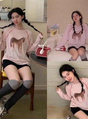 【local tag~】复古粉色小马印花长袖T恤装饰线插肩袖懒慵感上衣