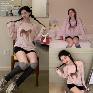 【local tag~】复古粉色小马印花长袖T恤装饰线插肩袖懒慵感上衣