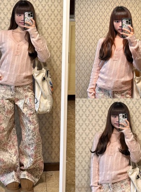 【Wild leek~】韩系甜美粉色V领长袖针织衫女秋季修身显瘦上衣