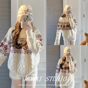 圣诞氛围感提花圆领毛衣女秋冬宽松保暖针织衫 THEROUS谢不肉