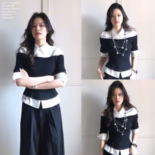 【Fumisme~】假两件拼接针织千金风衬衫法式气质老钱风小众上衣女