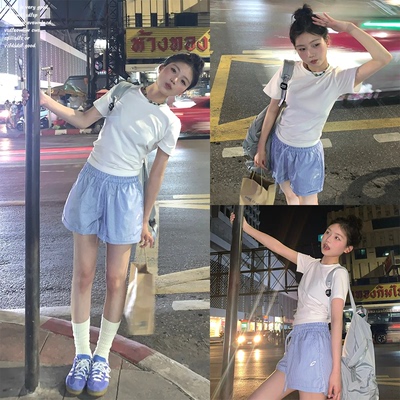 【CGGA~】蓝色条纹短裤女夏季ins