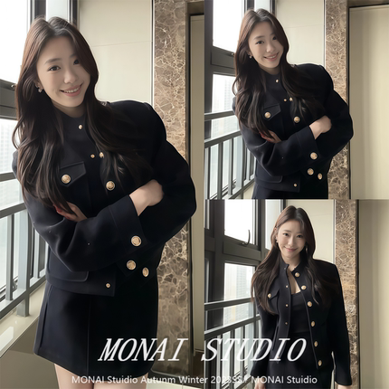 【2021avenement~】黑色小香风外套miu系穿搭立领毛呢高级感外套