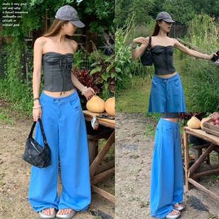 【theissn宁司~】蓝色松弛感阔腿裤方腰头褶裥休闲裤女秋简约长裤