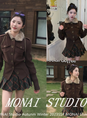 【WESTAYONE~】美拉德咖色复古毛领短款外套女高级感收腰显瘦上衣