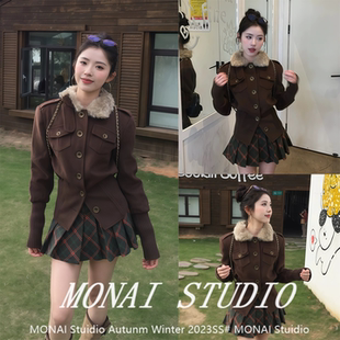 【WESTAYONE~】美拉德咖色复古毛领短款外套女高级感收腰显瘦上衣