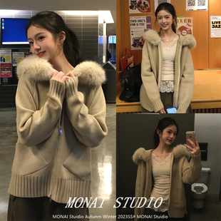 【insliisa~】软糯慵懒风毛领连帽毛衣温柔感针织秋冬可爱外套女