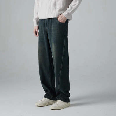 秋冬季新款高端潮牌男士牛仔裤阔腿宽松直筒加绒加厚御寒长裤子男