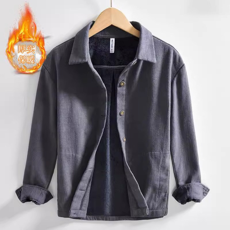秋冬加绒加厚中国风苎麻长袖男士衬衫复古棉麻休闲夹克亚麻外套男
