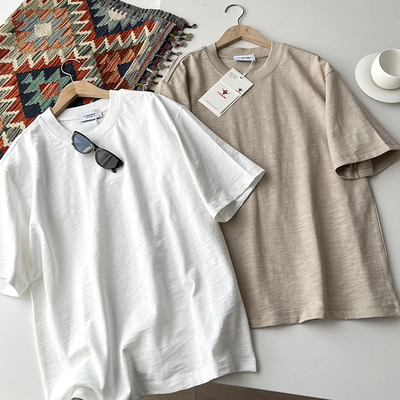 双纱竹节棉 夏季男士重磅水洗纯棉超柔软纯色简约宽松短袖T恤