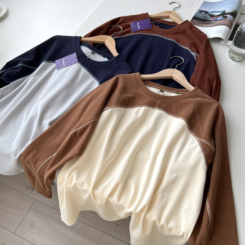 撞色连肩袖 圆弧分割 秋冬男士亲肤柔软保暖长袖德绒打底衫T恤