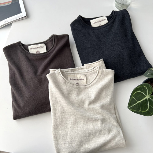 羊毛混纺纯色无缝卷边套头百搭