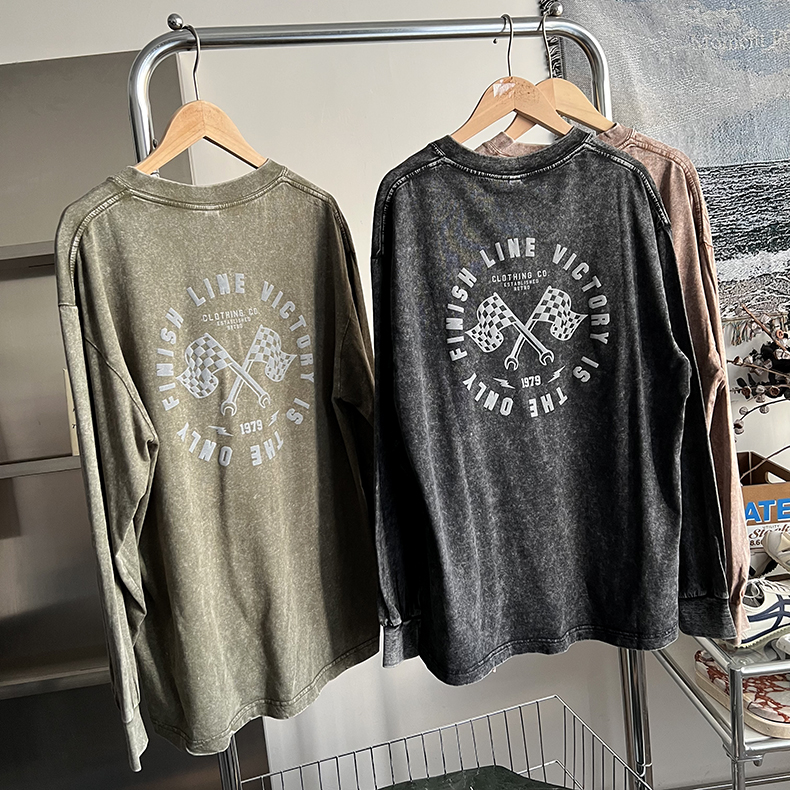长袖美式复古男士水洗做旧T恤
