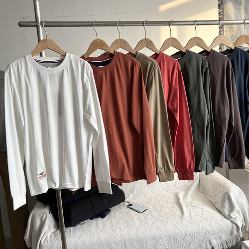 长袖日系男士纯棉水洗T恤