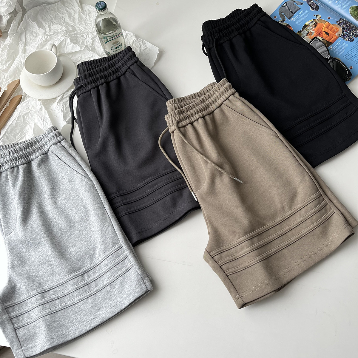 复古杠条设计 夏季男士宽松美式休闲松紧腰抽绳五分重磅针织短裤,男装,短裤,淘宝优惠券,粉丝福利购,淘宝优惠卷