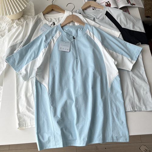 撞色拼接插肩袖 夏季男士半拉链户外机能风冰感透气速干短袖T恤