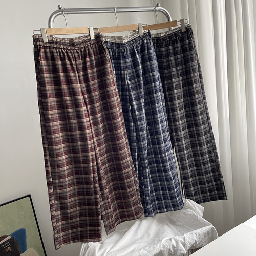 冬日格调 慵懒氛围感 时髦复古女款磨毛格纹宽松直筒休闲阔腿裤