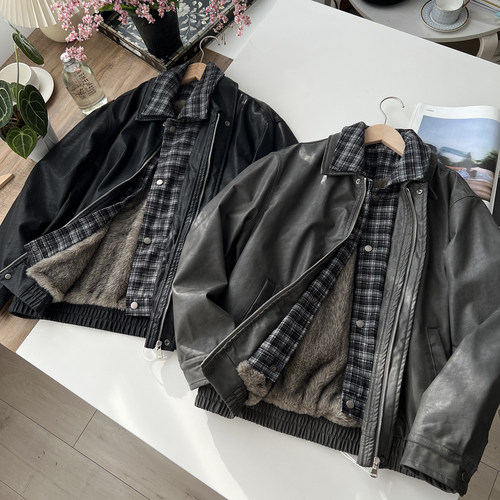 男士时尚假两件翻领机车皮衣夹克