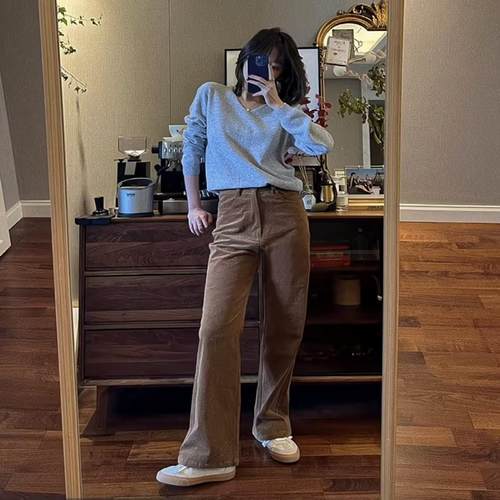 高腰时髦复古长裤灯芯绒