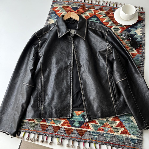 西班牙单 外贸缘！柜子699复古擦色PU皮男士时髦复古机车风皮衣