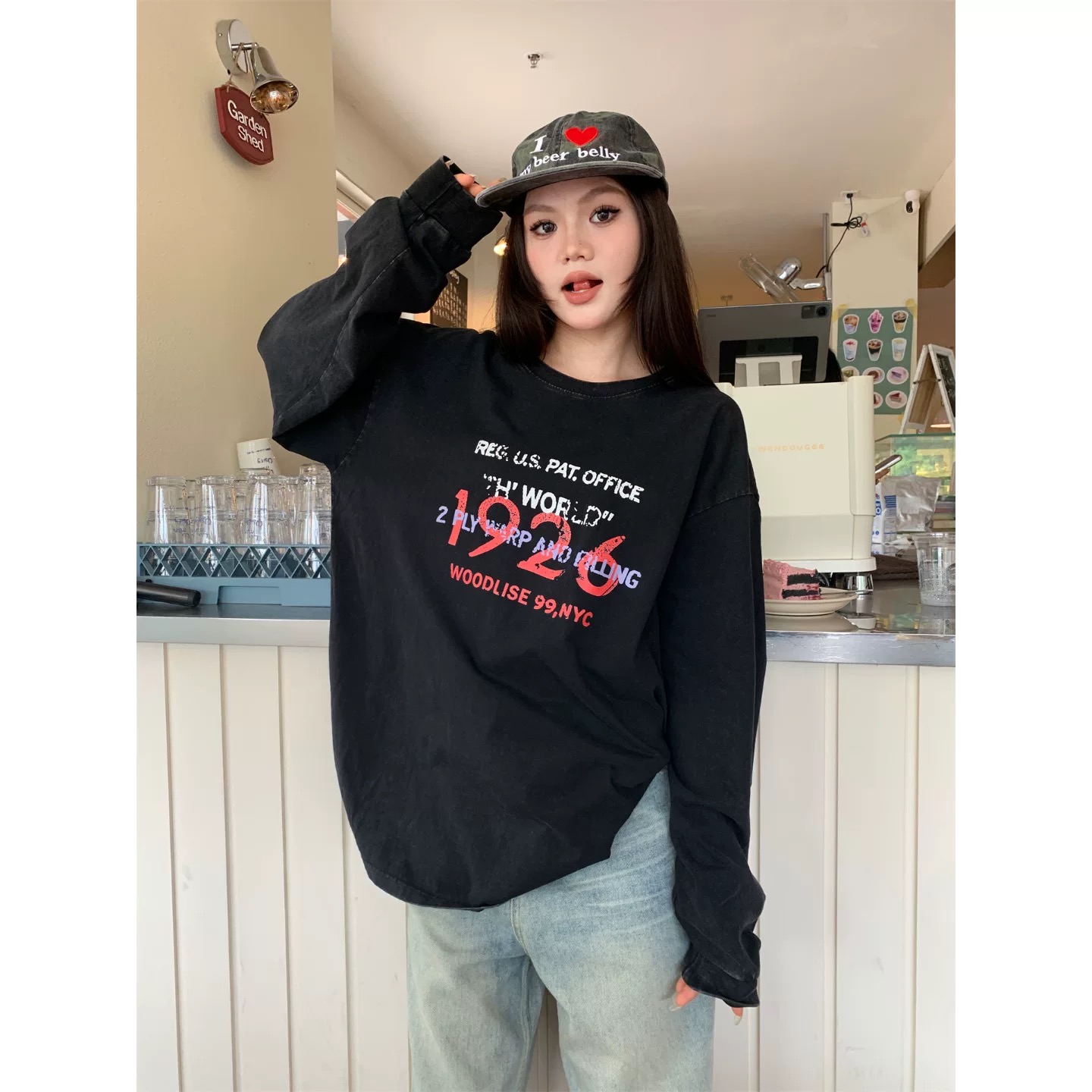 美式复古圆领做旧水洗卫衣女秋季2025新款宽松慵懒风休闲长袖上衣