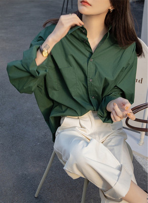 墨绿色雪纺衬衫女新款复古港味
