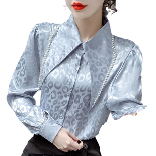 镶钻翻领豹纹印花衬衫女春秋季2025新款加绒加厚泡泡袖打底衫上衣