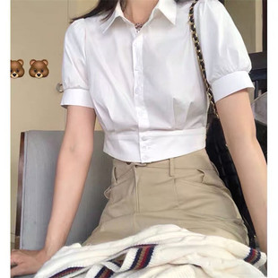 白色泡泡袖雪纺衬衫上衣女夏季薄款时尚减龄短袖高腰修身短款小衫