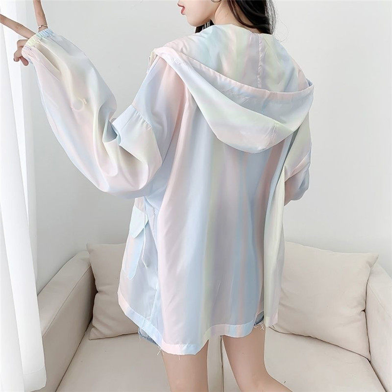 洋气雪纺彩虹防晒服外套女夏季新款韩版学生风运动服别致连帽上衣