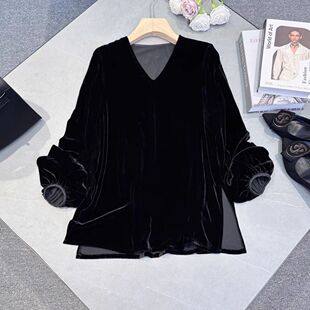 2025秋冬季 v领宽松金丝绒衬衣女气质减龄打底上衣 高级洋气灯笼袖